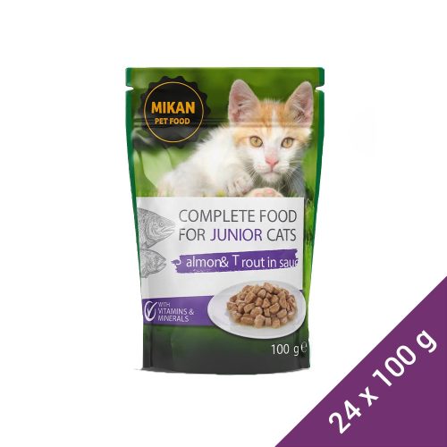 Mikan Pouch Junior Alutasakos Macskaeledel (Lazac és Pisztráng) - 24x100 g (Dobozos)
